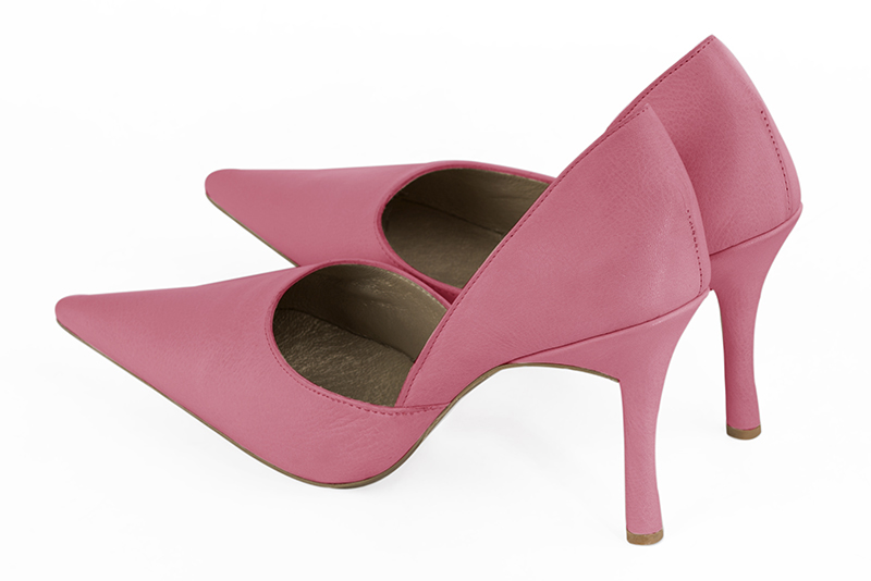 Carnation pink women's open arch dress pumps. Pointed toe. Very high slim heel. Rear view - Florence KOOIJMAN